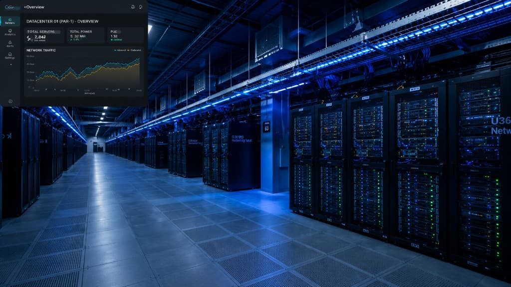 AltData infrastructure data center with fund performance dashboard overlay